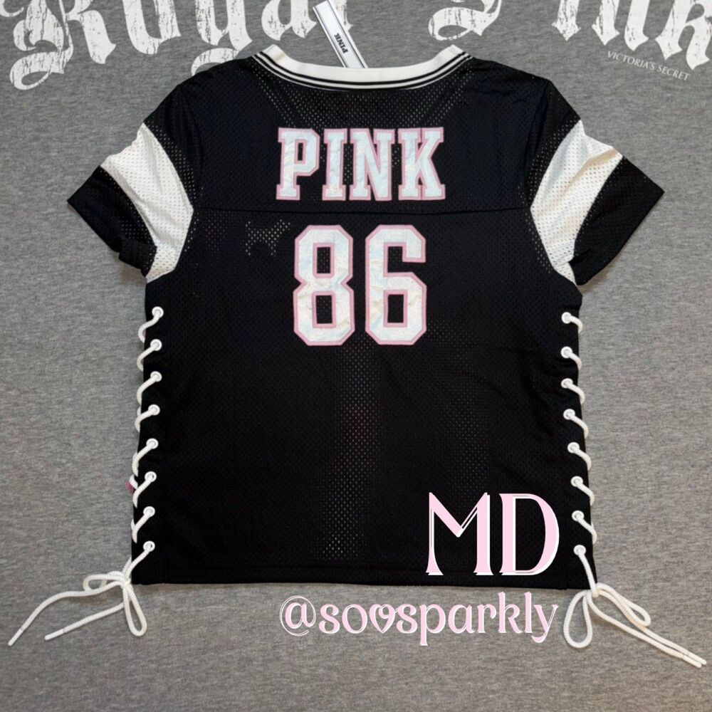 VS PINK Varsity Lace-Up Football Mesh Jersey Pink & White Embroidered 86 MD